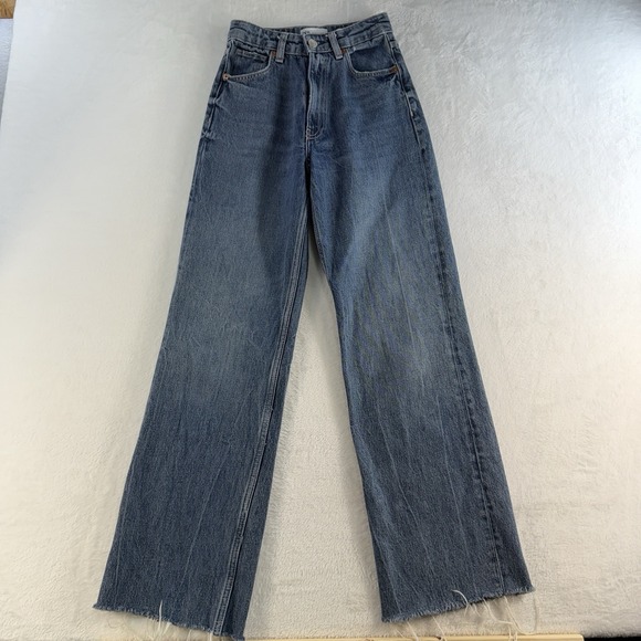 Zara Sz 0 Jeans Wide Leg Raw Hem High Waisted Rise Light Wash Women's Baggy - Picture 3 of 13